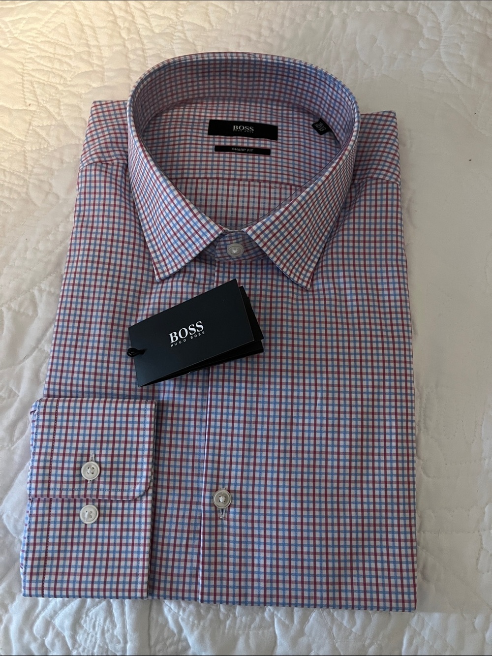 BOSS Sharp fit Men's Blue and Red Micro-Check Dress Shirt Size 16.5 36/37